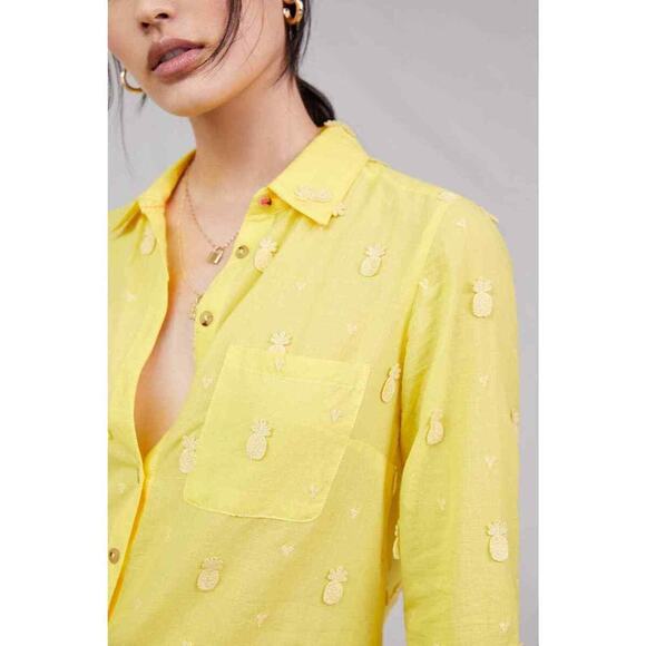 Anthropologie Maeve Pineapple Buttondown Women's Blouse Top 2 Yellow Embroidered - Picture 3 of 7